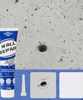 Fast Dry Wall Patch Kit For Holes And Cracks Self Adhesive Putty, tube view next to example of patched nail hole on concrete wall.