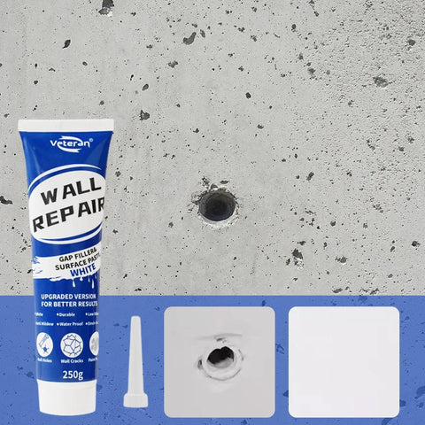 Fast Dry Wall Patch Kit For Holes And Cracks Self Adhesive Putty, tube view next to example of patched nail hole on concrete wall.