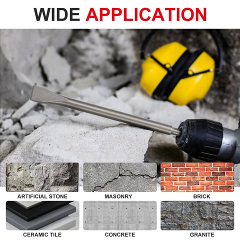 Flat chisel from All In One Heavy Duty 3 Piece SDS Plus Chisel Set for rotary hammer drills on concrete with protection gear