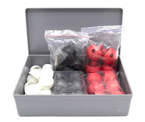 Open storage case with magnetic atoms molecular model set, including red and white pieces, sizes 30mm to 38mm, for classroom chemistry.