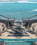 Long 12 Inch By 35 Foot Anti Slip Traction Tape With Roller on waterfront stairs, showcasing durable waterproof grip on steps.
