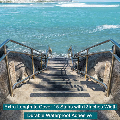 Long 12 Inch By 35 Foot Anti Slip Traction Tape With Roller on waterfront stairs, showcasing durable waterproof grip on steps.