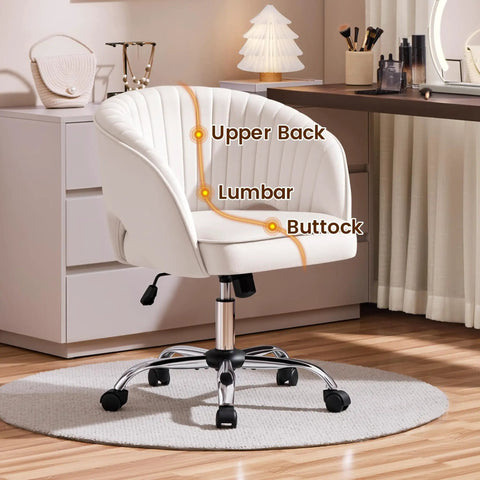 Cute Velvet Desk Chair With Wheels For Home Office Vanity And Study, upholstered swivel armchair with tufted barrel back in cream