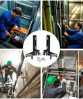 Pro Level Elevator Guide Gauge Tough As Nails Stainless Steel Ruler shown in use on job site with technicians during elevator installation.