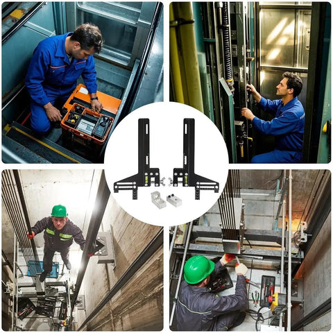 Pro Level Elevator Guide Gauge Tough As Nails Stainless Steel Ruler shown in use on job site with technicians during elevator installation.
