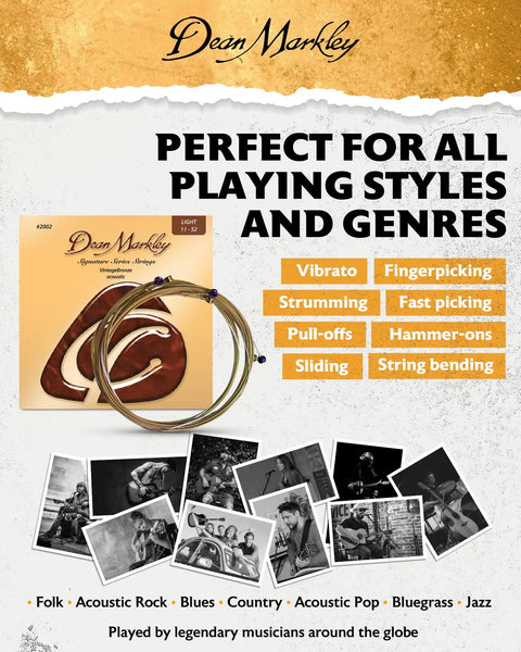 Vintage Bronze Acoustic Guitar Strings 6-String Set 11-52 Light Gauge, Precision Wound For Rich, Break-Resistant Tone, Long-Lasting Bronze Blend, Made In USA packaged with light gauge set