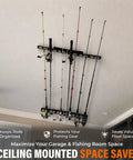 Heavy Duty 12 Rod Fishing Rod Rack For Wall Or Ceiling Mount Keeps Your Rods Neatly In Place Up To 12 With Deep Groove Design Steel Construction Black Powder Coated Wall Or Ceiling Mounted Storage For Garage Cabin And Basement ceiling mounted.
