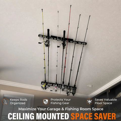 Heavy Duty 12 Rod Fishing Rod Rack For Wall Or Ceiling Mount Keeps Your Rods Neatly In Place Up To 12 With Deep Groove Design Steel Construction Black Powder Coated Wall Or Ceiling Mounted Storage For Garage Cabin And Basement ceiling mounted.