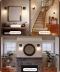 Top Tier Industrial Farmhouse Wall Sconces Set Of Two With Rustic Wood Grain Black Matte Finish And Clear Glass Shades used in bathroom and living room settings.