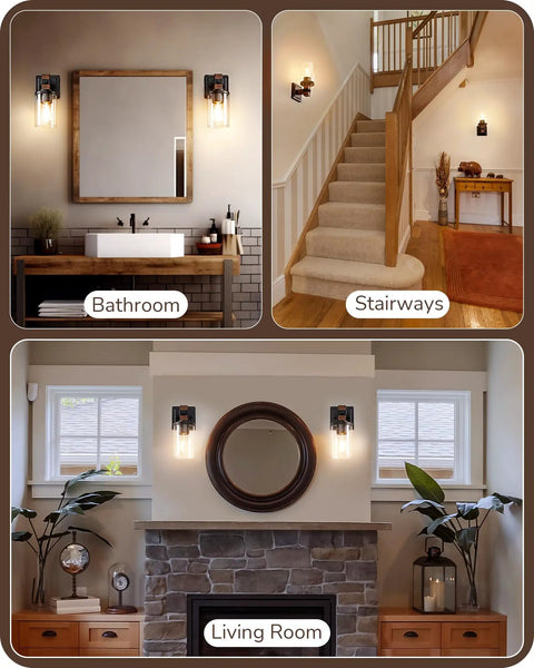 Top Tier Industrial Farmhouse Wall Sconces Set Of Two With Rustic Wood Grain Black Matte Finish And Clear Glass Shades used in bathroom and living room settings.