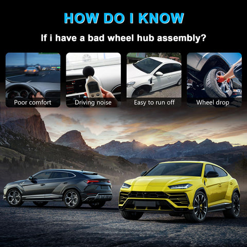 Signs of bad wheel hub assembly shown with cars illustrating poor comfort, driving noise, and wheel drop issues.