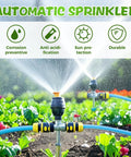 Automatic sprinkler system watering a garden with 360 Degree Rotating Lawn Sprinkler For Your Yard And Garden Irrigation