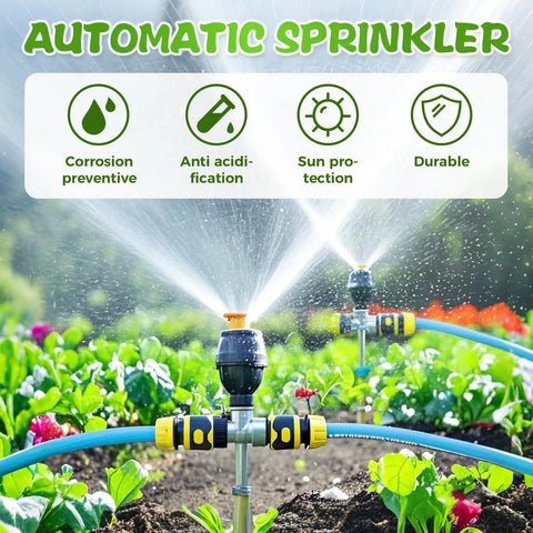 Automatic sprinkler system watering a garden with 360 Degree Rotating Lawn Sprinkler For Your Yard And Garden Irrigation