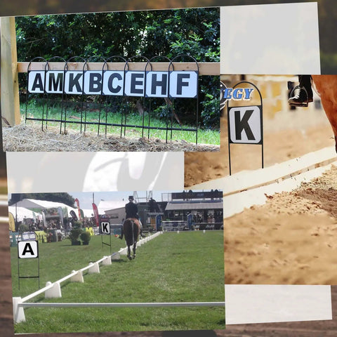 Equestrian arena with dressage markers including letters A, M, K for alignment, similar to 4 Pack Dressage Arena Letters Markers Set