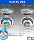 Instruction diagram for Two Pack Kitchen Sink Strainer And Stopper Set For Standard 3-1/2 Inch Drains, showing use as strainer and stopper.