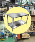 Solid As A Rock Stainless Steel Workbench With Dual Tier Shelves Smooth Rounded Edges Heavy Duty Prep Table shown in diverse kitchen settings.
