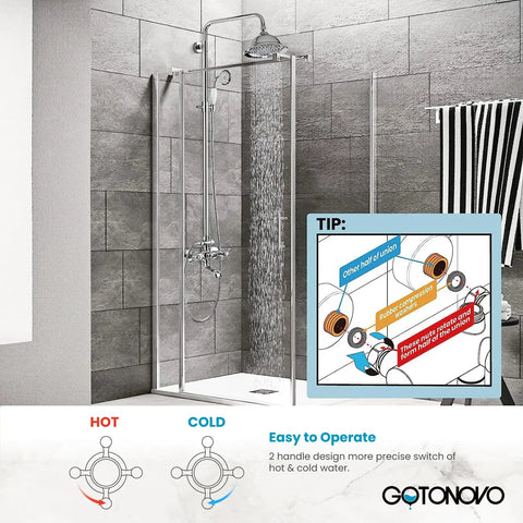Exposed Shower Faucet System No Fuss All In One with 8 inch rainfall head, tub spout, handheld spray, and cross handles, chrome finish