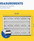 Three Pack 16x25x3 MERV 11 Pleated HVAC Air Filter For Furnace And Air Conditioner, Dust Busting Allergens Germs Lint Mold Pet Dander Pollen Smog And Smoke, Foam Edging For Tight Fit, Replaces Common Filter Numbers, showing measurements of 24.25" x 15.75"