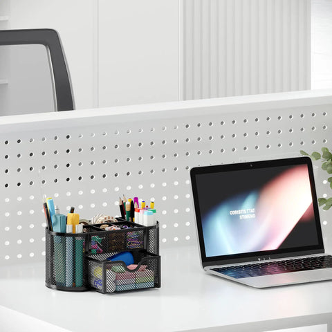 Mesh Pen Holder Desk Organizer With Drawer Nine Compartment Stationery Organizer For Dorm School Or Office Black Durable Iron Construction on desk