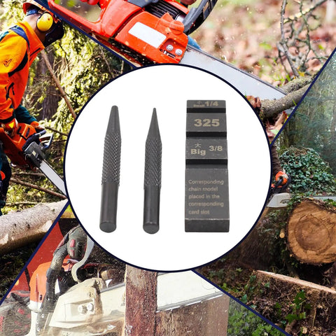 Collage of Pocket Chainsaw Breaker Tool Set With 12 Chain Joiner Links And Rivets Kit For Quick Chain Removal And Repair in use
