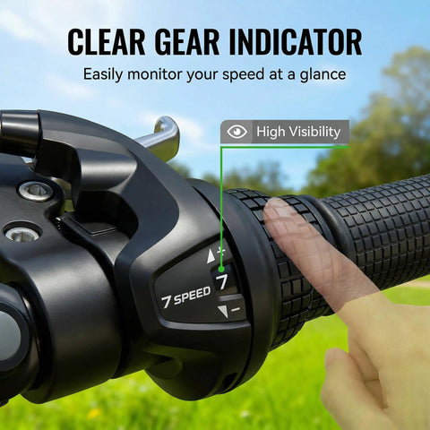 Image showing a hand using 7 Speed Twist Shifter Lever for MTB and folding bikes, with ergonomic grip and crisp shifts on a handlebar.