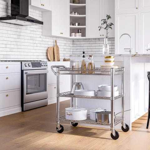 Heavy Duty Metal Rolling Utility Cart With Deep Top Basket And Handle Bar For Restaurant Garage Warehouse Kitchen And Office Workhorse NSF Certified Three Adjustable Wire Shelves 34.8 Inch Wide By 18.25 Inch Deep Cart