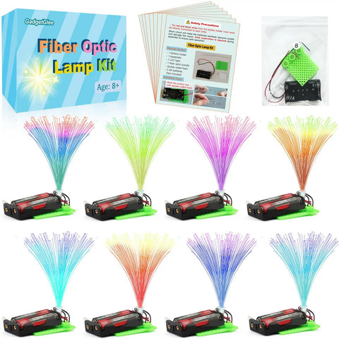 Fiber Optic Light Science Kits For Kids Set Of 8 Hands On STEM Projects With Simple Circuits shown with components and packaging