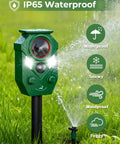 Motion Activated Solar Ultrasonic Animal Repeller With LED Flashing Lights in garden showing IP65 waterproof feature