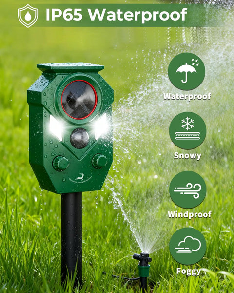 Motion Activated Solar Ultrasonic Animal Repeller With LED Flashing Lights in garden showing IP65 waterproof feature