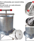 Built Different Manual Honey Press And Beeswax Extractor With Hella Tough Stainless Steel Body shows polished silver surface and nylon filters.