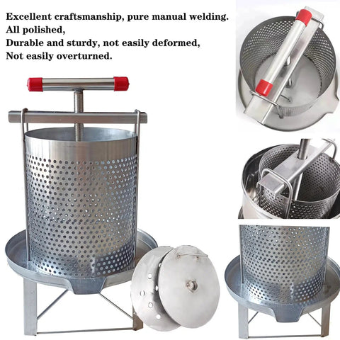 Built Different Manual Honey Press And Beeswax Extractor With Hella Tough Stainless Steel Body shows polished silver surface and nylon filters.