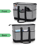 Front and back view of gray nurse tote bag with padded 15.6 inch laptop sleeve for work, showcasing built-in pockets and durable design.