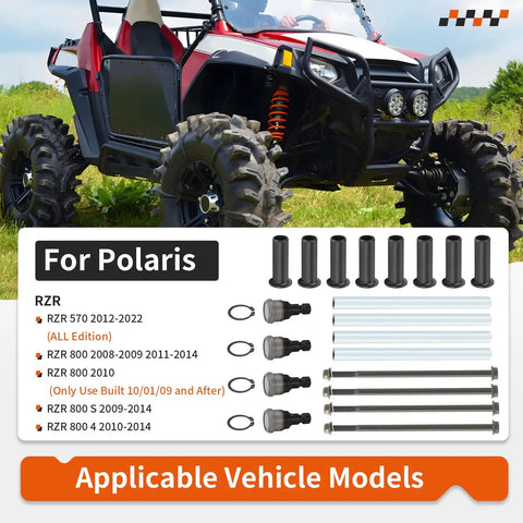Front Upper A Arm Pivot Bushing Ball Joint Kit For RZR 570 And 800 Series Off Road UTV Upgrade With Beefed Up Joints For Smoother Steering And Long Lasting Durability Fits 2012 2022 RZR 570 And 2008 2014 RZR 800 Models. Polaris RZR suspension kit with 4 ball joints and pivot shafts