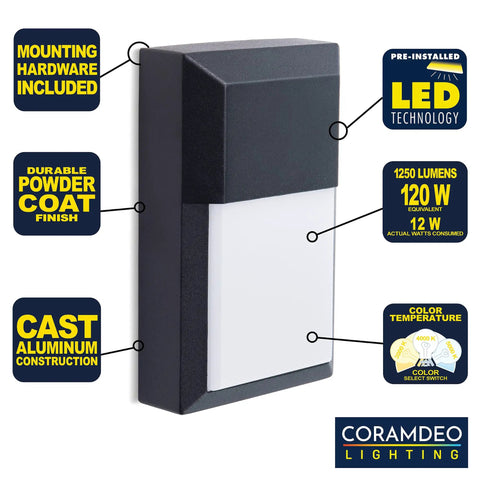Go To Outdoor Sconce Wall Pack Light 2 Pack Built In LED 12W To 100W Wet Location Black Cast Aluminum with labels for features.