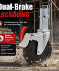 Heavy Duty 5 Inch Scaffold Rollaway Casters 4 Pack With Dual Brakes showcasing a close-up of the dual brake for safety.