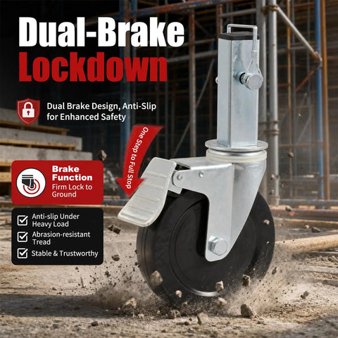 Heavy Duty 5 Inch Scaffold Rollaway Casters 4 Pack With Dual Brakes showcasing a close-up of the dual brake for safety.