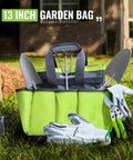 Durable Garden Tool Tote With Waterproof Plastic Base, Eight Pocket Oxford Caddy with tools, on lawn, outdoor use