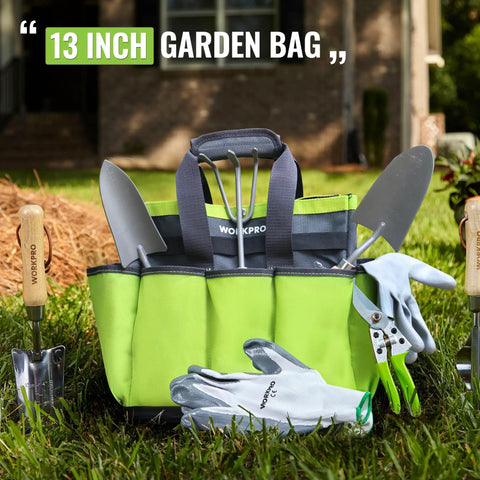 Durable Garden Tool Tote With Waterproof Plastic Base, Eight Pocket Oxford Caddy with tools, on lawn, outdoor use