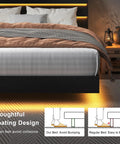 Queen Size Floating Bed Frame With Ambient Led Lights And Fast Charge Port, Modern Wood Sleep Base showing hidden legs and design features.