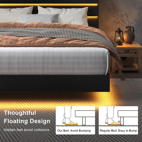Queen Size Floating Bed Frame With Ambient Led Lights And Fast Charge Port, Modern Wood Sleep Base showing hidden legs and design features.