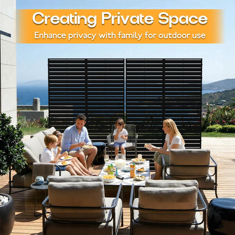 Family enjoying a meal on patio with Heavy Duty Metal Privacy Screen 72 Inch High By 47.2 Inch Wide With Stand in background