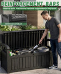 Man using 80 Gallon Outdoor Storage Bench Deck Box Waterproof Resin Lockable UV Resistant Garden Furniture For Porch Patio Poolside Black Cushion Included Weatherproof Durable Easy Assembly For Quick Setup In Any Outdoor Space, showing reinforcement bars inside