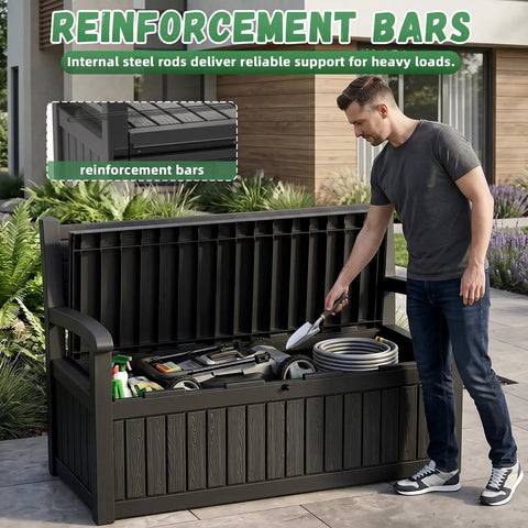 Man using 80 Gallon Outdoor Storage Bench Deck Box Waterproof Resin Lockable UV Resistant Garden Furniture For Porch Patio Poolside Black Cushion Included Weatherproof Durable Easy Assembly For Quick Setup In Any Outdoor Space, showing reinforcement bars inside