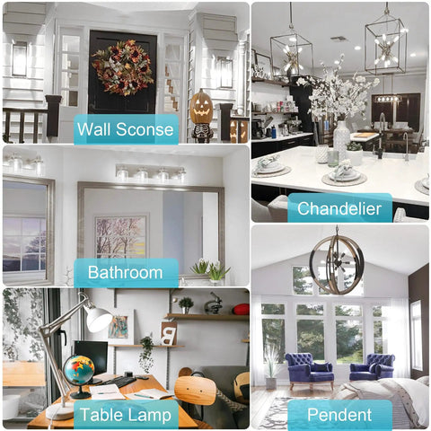 Collage of different lighting solutions: wall sconce, chandelier over table, bathroom lights, modern table lamp, and pendant light.