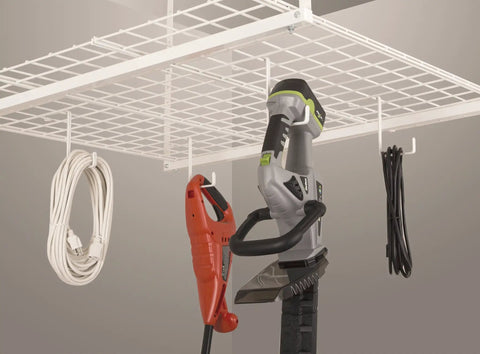 Add-On Storage Hook Accessory for Ceiling Rack White Holds 25 Lbs Each 4-Pack hanging tools and cords on ceiling rack