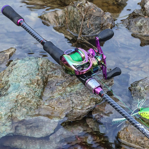 Two Piece Baitcasting Fishing Combo With Casting Reel Six Foot Purple Carbon And Glass Fiber Rods Right Handed