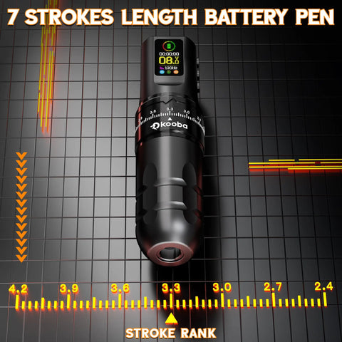 Wireless Rotary Tattoo Gun Kit With Cordless Pen, 1800mAh Battery And OLED Screen showing stroke settings