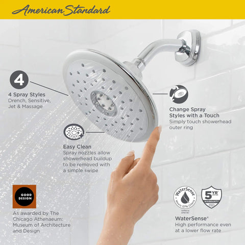Spectra Touch 4-Function Shower Head With Easy Clean Nozzles, 1.8 GPM Polished Nickel, tap to switch functions shown