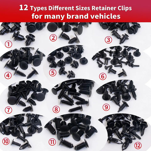 12 types of retainers from 252 Piece Universal Bumper Retainer Clip Kit With 12 Popular Sizes Auto Push Pin Rivets Fasteners