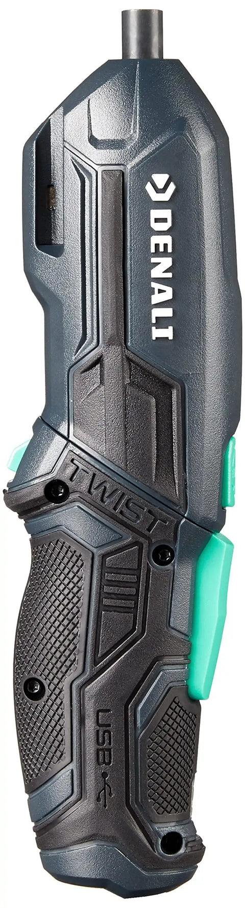 Side view of 4V Cordless Pivoting Screwdriver With 10 Piece Bit Set And USB Charger Blue, Compact DIY Tool for quick fixes.